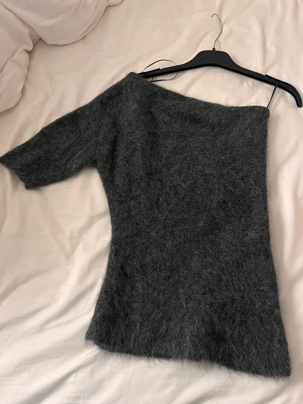 Zara Charcoal Fuzzy Off-the-Shoulder Sweater